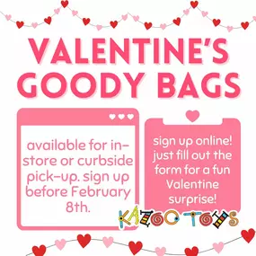 Show your kids some love this Valentine’s Day with a surprise Valentine’s Goody Bag from Kazoo Toys!

SIGN UP HERE: https://form.jotform.com/230174573407151

We will put together a Valentine’s Goody Bag for your child or grandchild that includes wrapped toys, Valentine’s goodies, and candy (optional) that they can open just like a big birthday gift bag. Goody Bags will be available for in-store or curbside pick-up starting one week before Valentine’s Day. You have a lot going on. Why not make th