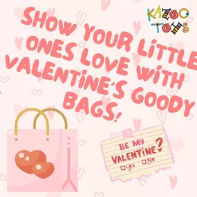 Show your kids some love this Valentine’s Day with a surprise Valentine’s Goody Bag from Kazoo Toys

Sign Up Here: https://form.jotform.com/230174573407151

We will put together a Valentine’s Goody Bag for your child or grandchild that includes wrapped toys, Valentine’s goodies, and candy (optional) that they can open just like a big birthday gift bag. Goody Bags will be available for in-store or curbside pick-up starting one week before Valentine’s Day. You have a lot going on. Why not make thi