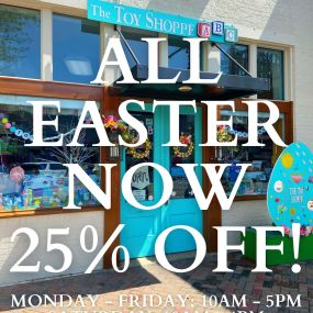 ???? All Easter is now 25% off!

???? Hop, don’t walk to grab what’s left before it’s gone either online or in store with us by end of day Saturday 3/30 4pm! And remember, there’s still time to use our Gift Conierge or bring in your basket for us to fill and wrap for you! Friday is the last day we can fill and wrap baskets; we will not be able to properly fill and decorate baskets on Saturday.