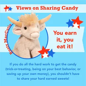 How do you feel about sharing your candy? It's a tough one! (And maybe a little too on the nose? Remember these are only stuffed animals, and it's supposed to be fun!) 
Be sure to check back next week to get to know our candidates better before it's time to vote in stores or online on November 2nd!