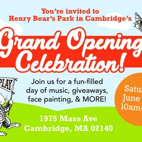 Join us to celebrate our new spot in Cambridge!
10:30 - 12:30 - Face Painting
1:00 - Sing Along with Jeff Jams
All Day - Games and giveaways!