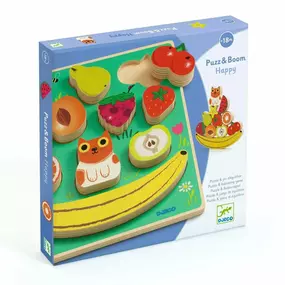 A puzzle but Boom! there's more: a stacking game as well! Puzz & Boom is an easy-to-assemble wooden puzzle and balancing game. The 3D fruit and cat stand up by themselves and can be balanced on top of each other to form a pyramid on the banana base.