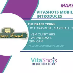 VitaShots Mobile is at The Brass Trunk with all the most popular vitamin and amino acid injections for weight loss, energy, detox and more.