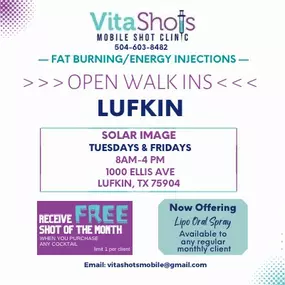 LUFKIN CLINIC info. Stop by and see us today. Walk ins welcome. Tuesdays and Fridays ONLY.