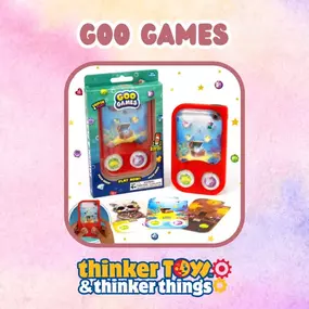 Get ready for some splashy, button-mashing fun with Goo Games at Thinker Toys! ???????? These pocket-sized water games let you press, push, and launch floating pieces through liquid obstacles—no batteries, just pure hands-on play! It’s like a mini video game, but filled with water and tons of satisfying action. Perfect for travel, waiting rooms, or anytime fun!
