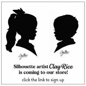 Clay Rice will be here September 27! Clay’s silhouettes are a great keepsake to have of your kids! Get them to add to your photo wall or get a head start on Christmas and get these as a gift for the grandparents! Click the link to reserve your spot!