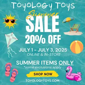 ???? Summer Sale at Toyology Toys! ????
Get ready for the Fourth of July the fun way — with 20% OFF summer items ONLY! ????????☀️July 1–3 only, online & in-store. (Some exclusions apply.) Scoop up your sunny-day favorites before the fireworks start