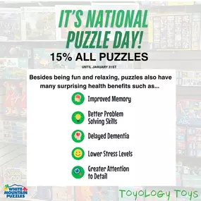 It's National Puzzle Day!! Celebrate with 15% OFF ALL puzzles at Toyology Toys until 1/31
https://toyologytoys.com/search?type=product&q=puzzles*