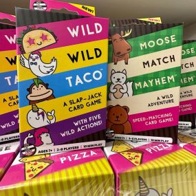 If you love Taco Cat Goat Cheese Pizza???????????????????? from @dolphinhatgames then, you are going to LOVE our New Games: Wild Wild Taco???? & Moose Match Mayhem????! 
Race your opponents with the new speed-matching and slap-jack card games with a fun & new version of the original fan favorite game! Perfect for ALL AGES!! 
You can shop these products or any of our exciting new games by visiting our Hammonton or Historic Smithville locations!????
????Open Monday-Saturday 10-6 & Sundays 11-6