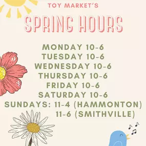 Spring has officially arrived! ???????? Both locations are open seven days a week for all your toy needs. And, Easter is just around the corner - the countdown starts now! ????????????