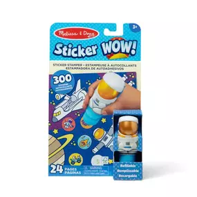 Melissa & Doug Sticker WOW!™ is a whole new way to play with stickers – use the cute, collectible character to stamp space-themed stickers on the 24-page Astronaut activity pad and on other creative art projects