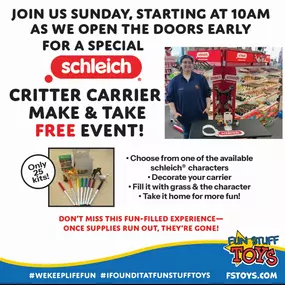 Join us for a special Schleich event on Sunday, March 30th starting at 10am! Make a free Critter Carrier for one of the complimentary Schleich figures available, while supplies last! We can’t wait to celebrate spring with Schleich!