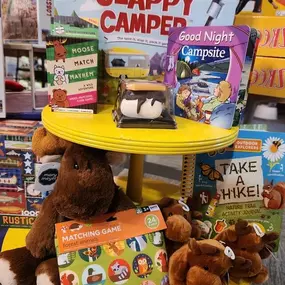 Wishing Monday would go take a hike? You can keep the woodsy weekend vibes rolling with a camping theme game, new moose friend, or even a giant squishy s'more! #dovernh #shoplocal #hikenh #nogginfactory