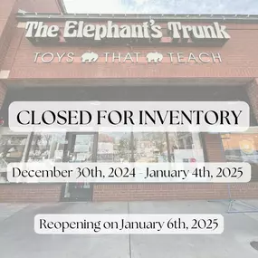 The Elephant’s Trunk will be closed all next week for inventory! We will reopen on January 6th, 2025.
#elephantstrunktoys