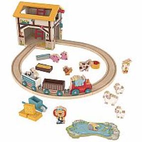 The Farm Play World train set features wooden farm characters and wooden train tracks.   Set includes 11 animal figures, wooden tracks, a barn with magnetic hay pulley and moveable ladder, plus 3 trains.  Also includes a Play Tales story card to read, play and learn from.  Tracks are compatible with other popular toy track brands.  37 pieces.