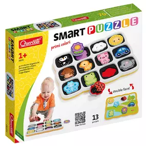 The Quercetti Smart Puzzle First Colors is a double-faced magnetic puzzle for toddlers.  One one side, place the fun shapes in their spots.  The reverse side becomes a magnetic board to freely arrange the shapes.  Use the colorful shapes to tell a story.  Develops hand-eye corrdination, language skills and color recognition.  Made in Italy.