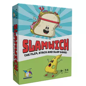 Slamwich Card Game - A fast flipping card game. Flip and stack this clever loaf of cards to build slamwiches and double-deckers. Tomato, onion, tomato... slap! Get there first and win the pile. But watch out!  You'll have to catch the thief and stop the muncher from stealing the stack of cards. When you're out of cards you're out of the game. The player who collects all of the cards wins. Parental alert: a sharp eye and fast hand will prevail. Play all out, but the kids will beat you every time!