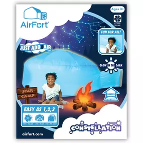 Make memories together while stargazing, inside the comfort of your home!  The glow-in-the-dark Airfort - Constellation is easy to set up, packs away quickly into its storage bag and is durable enough to last for years of play.  Simply attach the fort to a box fan (not included) and watch it magically inflate in less than 30 seconds.  At 77 inches wide, 50 inches tall and 101 inches long, this sky blue house is big enough to fit both kids and adults for playdates, movie nights, storytime or even