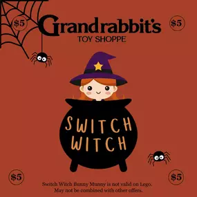 Switch Witch is back! ????‍♀️ From November 1-5, bring in your Halloween candy and trade it for $5 in Bunny Munny to spend in-store! ???????? Don't miss your chance to swap out sweets for a new toy or book! ???????? We hope to see you there! ✨