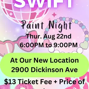 Join us for a fun-filled night of painting pottery and listing to Taylor Swift music. We will also have special silkscreen designs for you to use to decorate your pieces. Dress in your best Swiftie inspired outfit.
All Ages
*Everyone needs a Ticket for this Event*