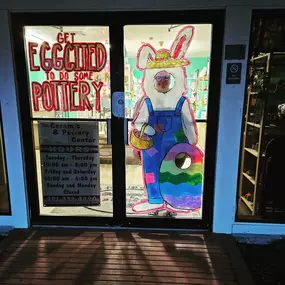 Hop on Over for Easter Fun at 
The Ceramic and Pottery Center! ????????????
???? Easter Bunny & Egg Photo Spot!
Come snap a picture with our painted Easter Bunny and Egg mural—right on our front door!
You can even place your face in the bunny or egg for a festive, fun photo!
Bring the kids, friends, or just your festive self and make some Easter memories with us!
Don't forget to tag us when you share your pics—we'd love to see them! ????
???? Find an Egg, Get a Deal!
We’re hiding plastic eggs wi