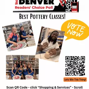 For over 21 years we have been sharing our love for pottery with our community. We have been nominated for Best Pottery Classes in Denver by Westword! Support us by voting for us today! You can actually vote EVERYDAY and hope you will ????. Link to vote is in bio. We are listed in the “Shopping and Services” section. We really appreciate your vote!