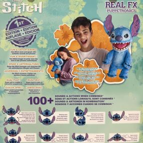 Introducing the Real FX Disney Stitch Puppet! We were lucky enough to snag a few of these WONDER-full animatronic puppets. Standing at 45cm/18 inches tall, this amazing animatronic Stitch boasts over 100 action and sound combinations, creating lifelike interactions. With blinking and squinting eyes, moving mouth, and touch sensors on his head, nose and mouth, Stitch responds to your touch!