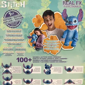 Introducing the Real FX Disney Stitch Puppet! We were lucky enough to snag a few of these WONDER-full animatronic puppets. Standing at 45cm/18 inches tall, this amazing animatronic Stitch boasts over 100 action and sound combinations, creating lifelike interactions. With blinking and squinting eyes, moving mouth, and touch sensors on his head, nose and mouth, Stitch responds to your touch!