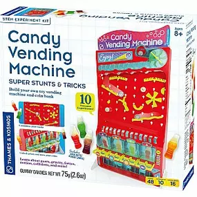 Build your very own vending machine! With this engineering kit, you build a toy vending machine that sorts coins, dispenses candy or other small prizes, and doubles as a coin bank. Follow the step-by-step instructions to assemble the machine, then test and configure it to get it working perfectly. Load your vending machine with all kinds of small candies or prizes. This awesome machine has four main interactive segments: First, insert real coins into the slot at the top, turn the knob, and have 