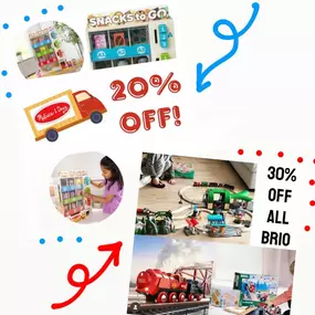 LAST CALL!
Don’t miss the last chance at TWO amazing sales! Through the end of October, receive 30% off ANY Brio toy and 20% off ANY Melissa & Doug toy! We LOVE these two brands and are so excited to be able to offer this wonderful deal to you! These brands are well known, loved, and quality tested by years of kiddos and families. 
Come see for yourself before the end of the month! It’s ONLY in store!