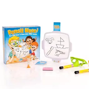 Meet Pencil Nose, the fun party game of drawing pictures with your nose while your teammates guess what you’re drawing! Pick a card, fit it into the board, put on the pencil nose, and start drawing!
*Great for ages 8 to adult; simple rules, exciting gameplay for the whole family; high quality design
*Encourages family bonding, cooperative play, creativity, quick thinking, communication skills