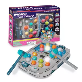 Back in stock! Embrace 80's nostalgia with a blast from the past: Whack Attack Space Moles brings retro arcade games to you! Kids release extra energy as they follow the flashing lights to bash the heads of colorful funny-faced moles. There are 36 levels of play in solo or 2-player mode, and LCD scoring keeps track of the arcade champion against a soundscape of music effects. For extra retro vibes, switch to coin mode!