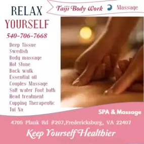 Massage techniques are commonly applied with hands, fingers, 
elbows, knees, forearms, feet, or a device. 
The purpose of massage is generally for the treatment of 
body stress or pain.
