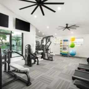 Large room with free weights and cardio machines.