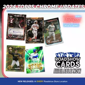 NEW RELEASE DAY!
2024 Topps Chrome UEFA EURO Soccer
2024 Topps Chrome Updates Baseball
2024 Panini Impeccable Baseball
Marvel Studios Guardians of the Galaxy - Volume 3
Stop in at any one of our Roadshow Cards locations in Kentucky, Texas, New York, and California