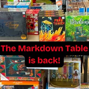 Lots of games, crafts, and pretend play on the Markdown Table right now. Come check out some great deals!