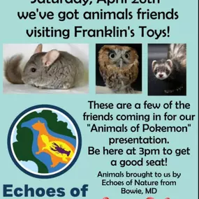 We’re inviting friends over! Come meet some friendly Pokémon Ambassadors at Franklin’s on Saturday, April 26th!
