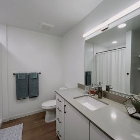 Spacious bathroom with a large mirror and a sink with an overhead sconce light, shower with a while textured shower curtain and liner shelving storage