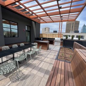 Rooftop lounge with ample seating and long table and chairs for socializing showing barbeque grills in the background