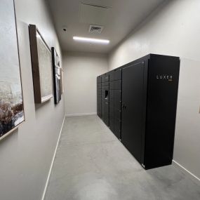 A row of LuxerOne package receiving lockers with abstract art on the walls