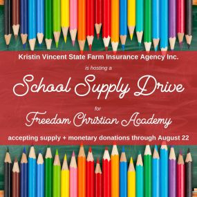 We are excited to give back to the community by hosting a School Supply Drive for a new upcoming school in the area, Freedom Christian Academy! We will be accepting supplies and donations through August 22nd. We have gathered a list of supplies needed and will share them below. Please feel free to purchase directly from the list or drop off items at our office, 120 W. Front Street. We will also be accepting monetary donations to assist the school with purchasing supplies and larger items that ar