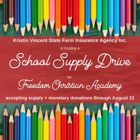 We are excited to give back to the community by hosting a School Supply Drive for a new upcoming school in the area, Freedom Christian Academy! We will be accepting supplies and donations through August 22nd. We have gathered a list of supplies needed and will share them below. Please feel free to purchase directly from the list or drop off items at our office, 120 W. Front Street. We will also be accepting monetary donations to assist the school with purchasing supplies and larger items that ar