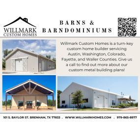 Whether you need a shop, guest house or a barndominium, Willmark Homes offers customizable plans that can be built as stand-alone projects or in addition to another Willmark home. Browse some of our standard barn plans below available in a variety of finishes and sizes or give us a call to find out more information about a custom design.