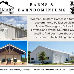 Whether you need a shop, guest house or a barndominium, Willmark Homes offers customizable plans that can be built as stand-alone projects or in addition to another Willmark home. Browse some of our standard barn plans below available in a variety of finishes and sizes or give us a call to find out more information about a custom design.