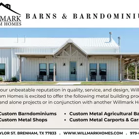 Whether you need a shop, guest house or a barndominium, Willmark Homes offers customizable plans that can be built as stand-alone projects or in addition to another Willmark home. Browse some of our standard barn plans below available in a variety of finishes and sizes or give us a call to find out more information about a custom design.