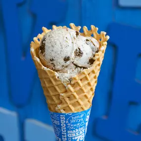 A freshly baked waffle cone in a Ben & Jerry's ice cream shop.