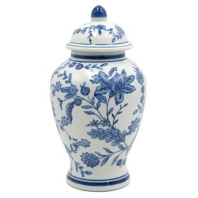 A charming blue and white floral porcelain jar from the Providence collection, adding a touch of elegance and vintage flair to any room.
