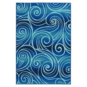 A stylish blue wave outdoor area rug measuring 8x10 feet, adding texture and comfort to outdoor living spaces.