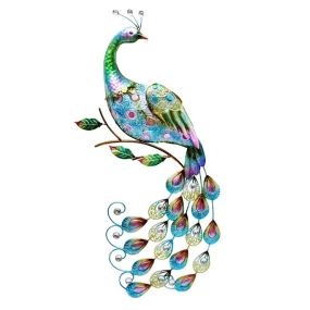 A vibrant metal peacock outdoor wall decor, adding a touch of whimsy and elegance to any outdoor space.
