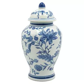 A charming blue and white floral porcelain jar from the Providence collection, adding a touch of elegance and vintage flair to any room.